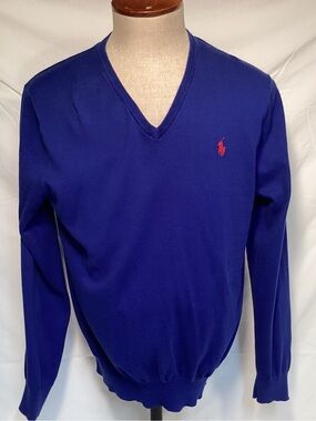 Polo by Ralph Lauren Pima Cotton Men's V-Neck Sweater Size Large - Royal Blue.